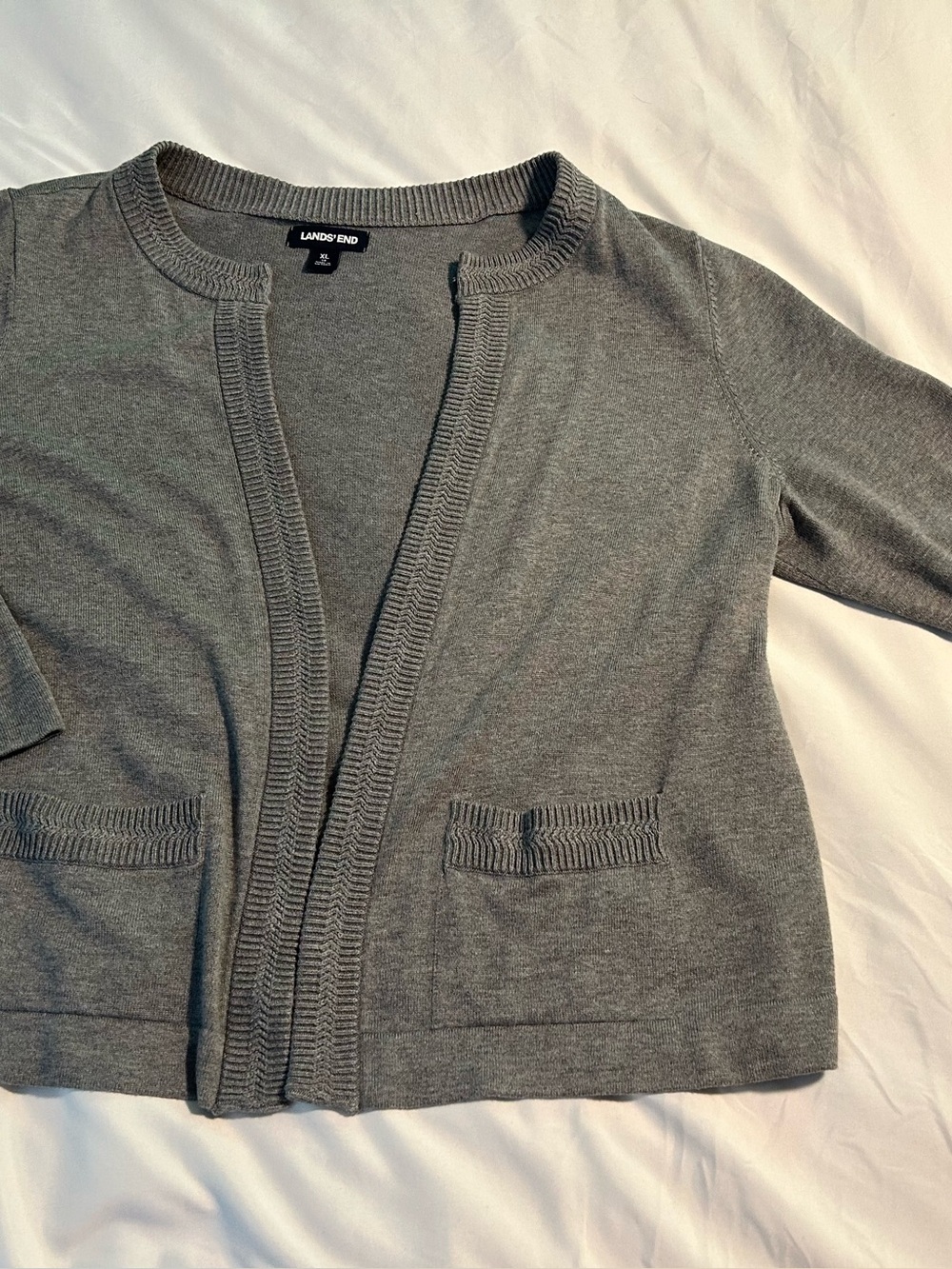 Lands' End Gray Rib-Trim Open Cardigan